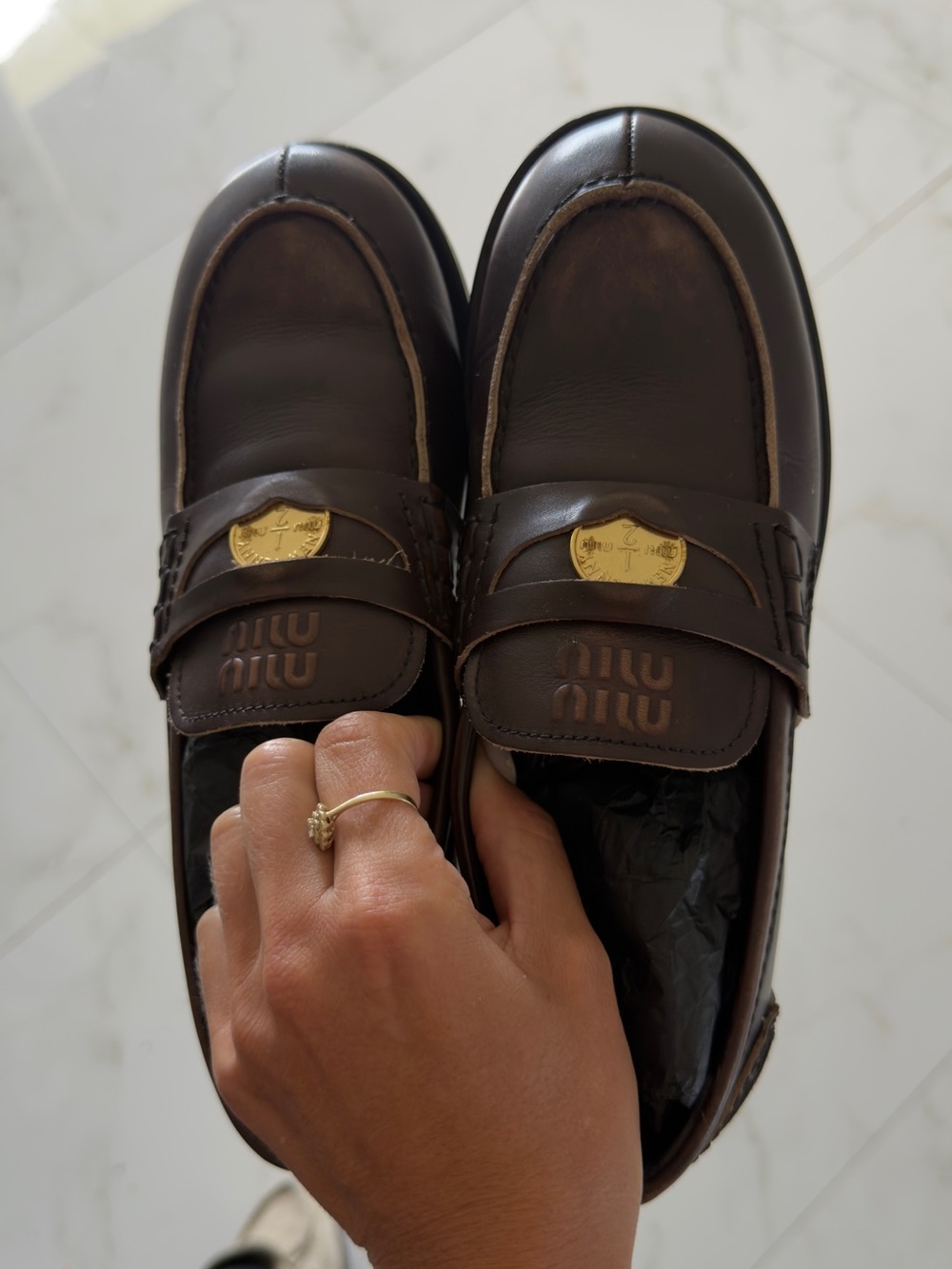 Penny Loafers Miu Miu Dark Brown Leather with Gold Crest % AUTHENTIC